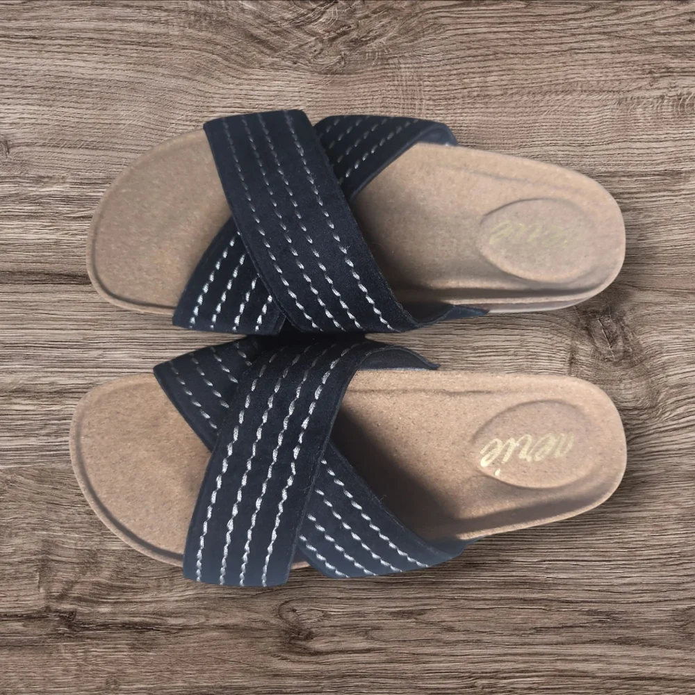 Aerie Velvet Criss Cross‎ Sandals Black Cork Heals. NWOB. Size 7